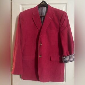 Men’s fuchsia, corduroy, blazer size large with pinstripes in the inside
